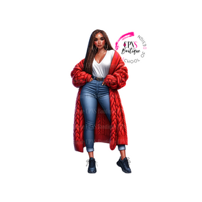 Red Sweater Duster Girl Braids Digital Graphic