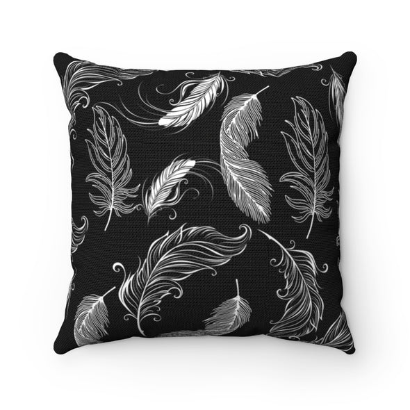 White Feathers on Black Square Pillow