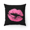 Pink Lips on Black Square Pillow