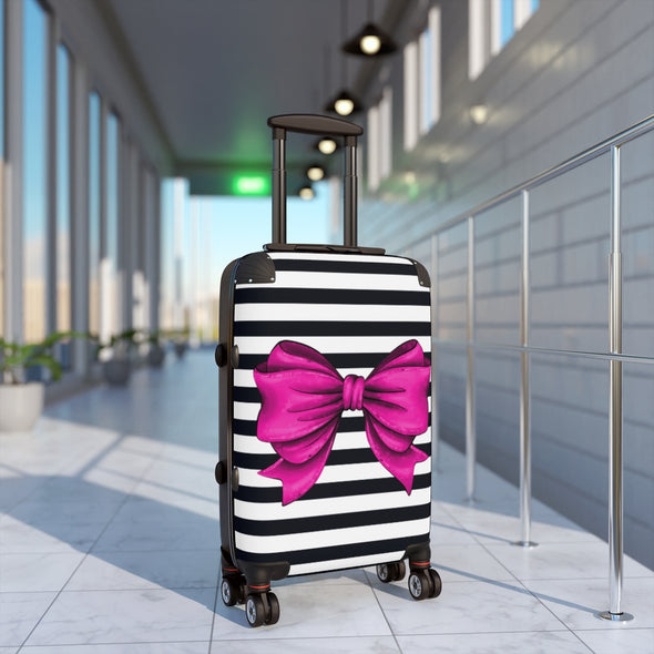 Black and White Striped with Hot pink bow Cabin Suitcase
