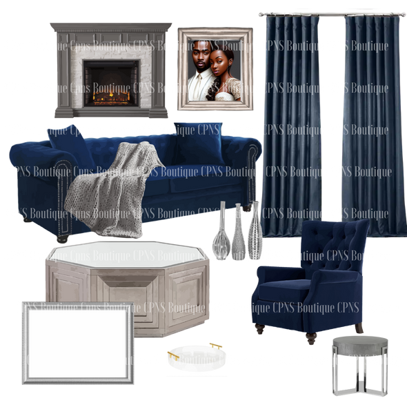 Silver & Blue Elegant Living Room Elements
